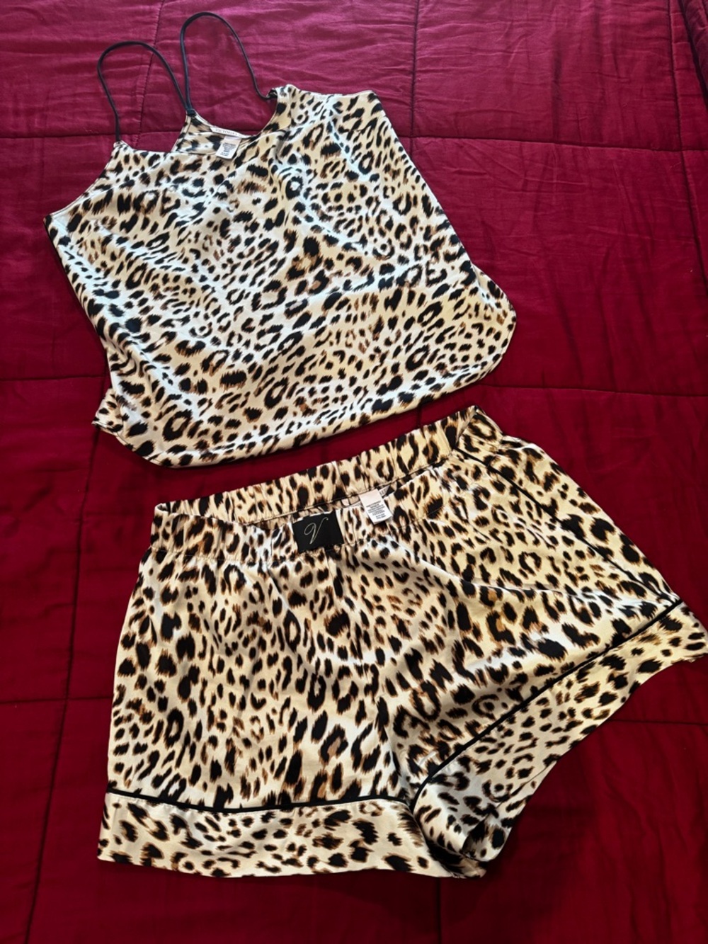 VICTORIA’S SECRET—Leopard Print Satin Cami & Short Sleep Set - Tan/Black